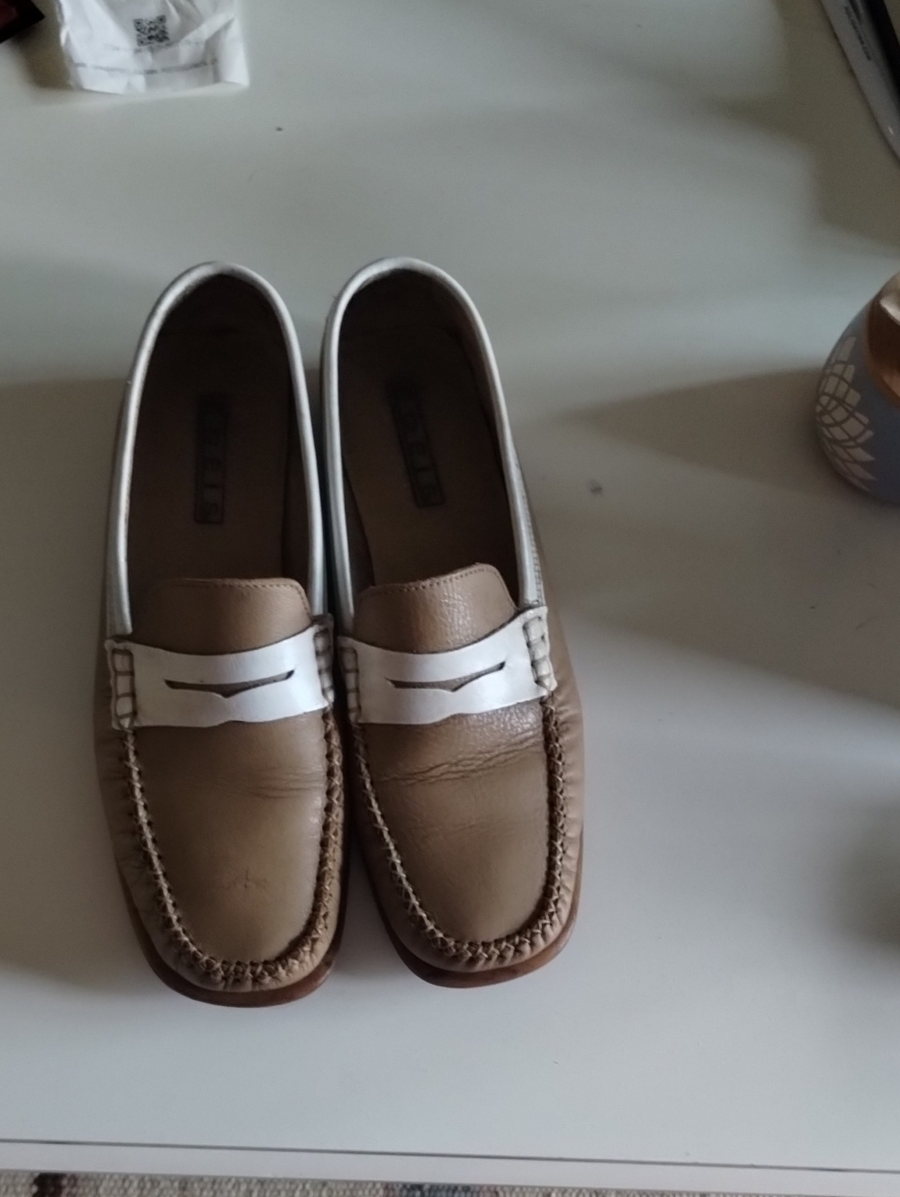 Tan Leather Penny Loafers with White Accent